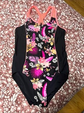 ZeroXposur Black Floral One-Piece Swimsuit with Pink and Yellow Accents